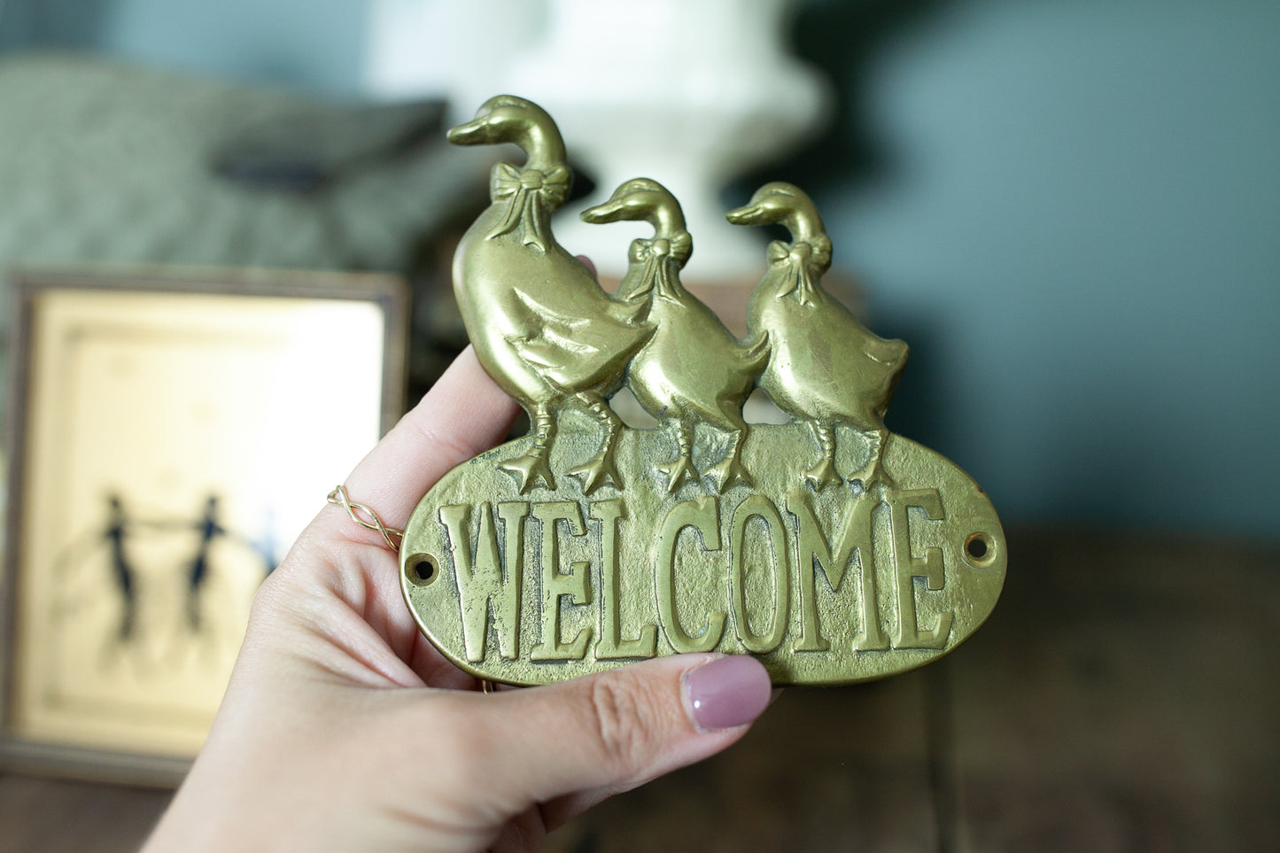 Welcome Sign - Brass Welcome- Geese -Vintage Solid Brass Welcome Sign with Country Goose Pair Vintage 1980s Garden Gate Sign Welcome Sign Country Geese Brass Sign