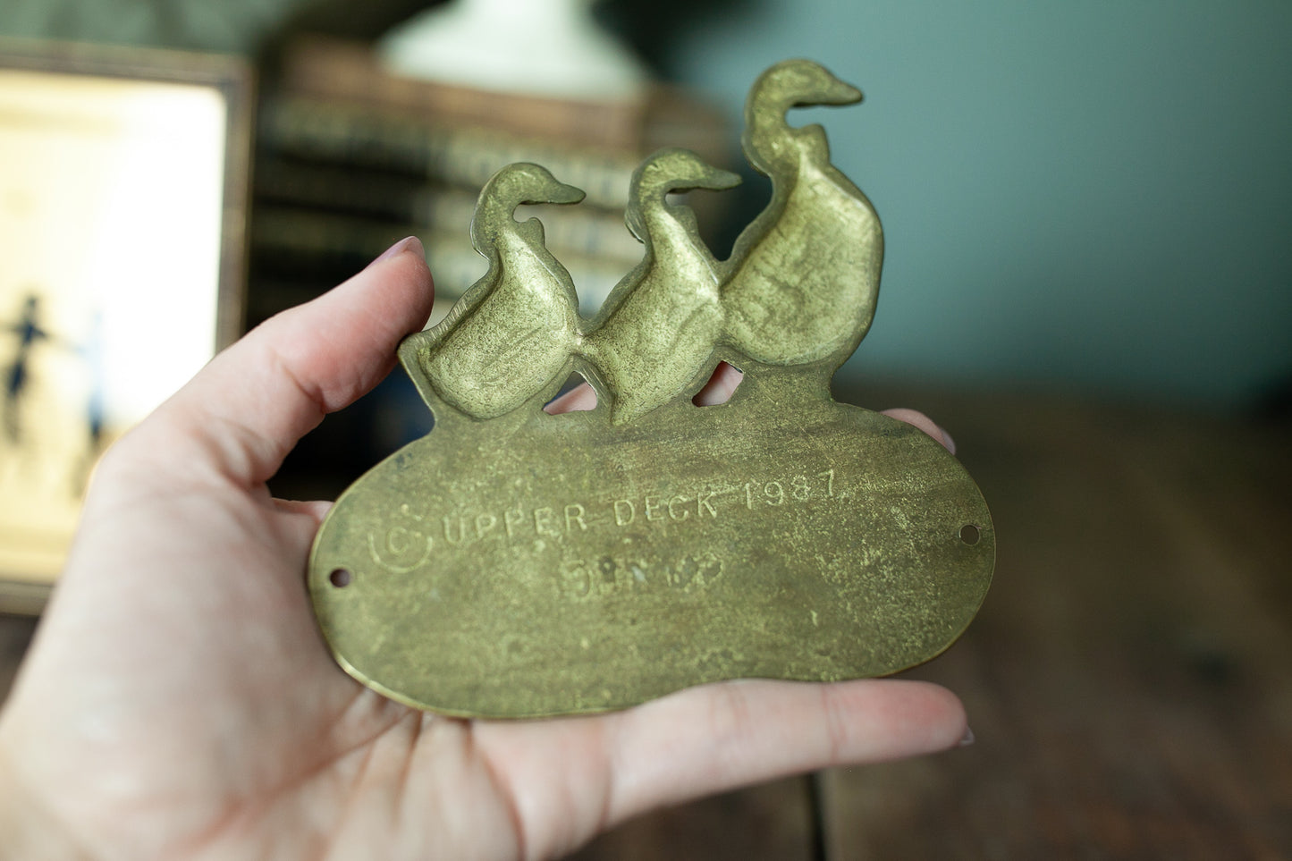 Welcome Sign - Brass Welcome- Geese -Vintage Solid Brass Welcome Sign with Country Goose Pair Vintage 1980s Garden Gate Sign Welcome Sign Country Geese Brass Sign