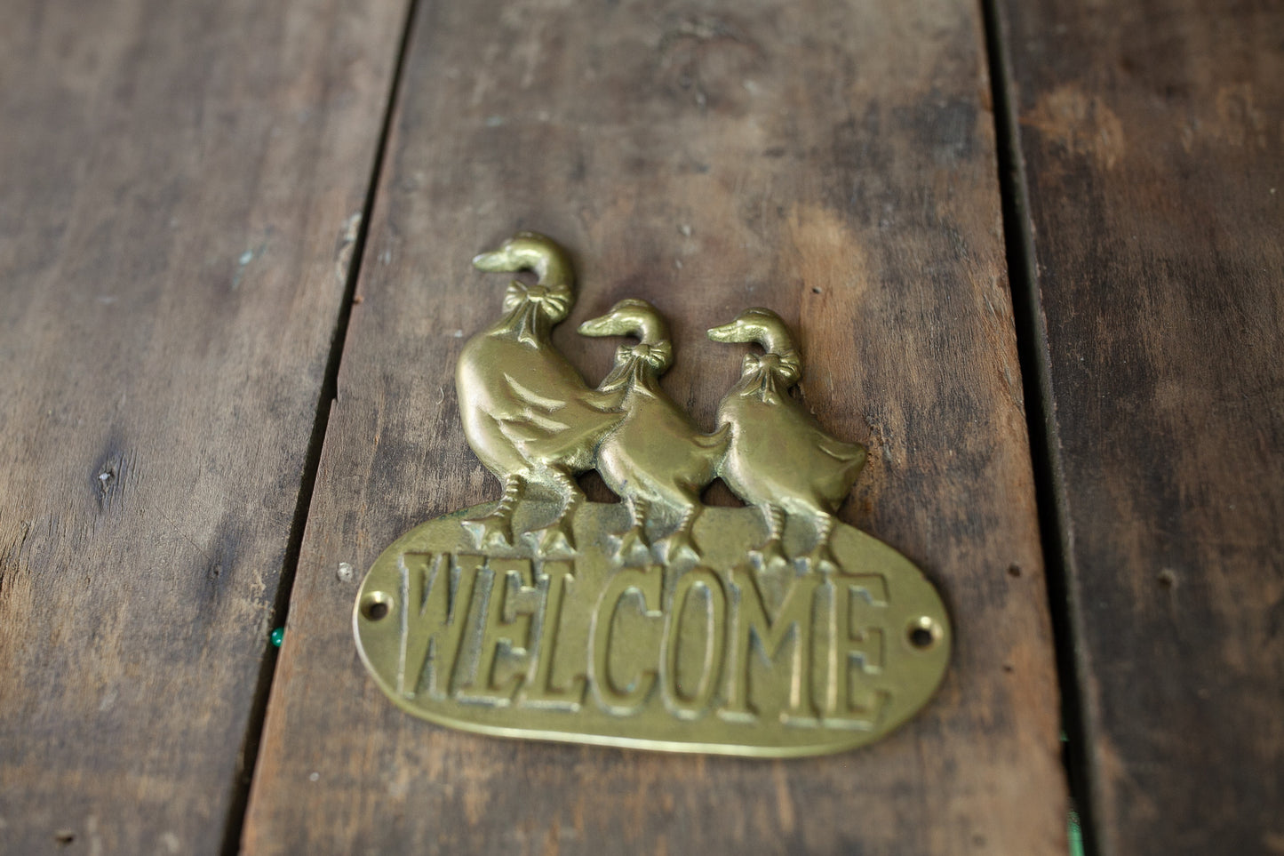 Welcome Sign - Brass Welcome- Geese -Vintage Solid Brass Welcome Sign with Country Goose Pair Vintage 1980s Garden Gate Sign Welcome Sign Country Geese Brass Sign