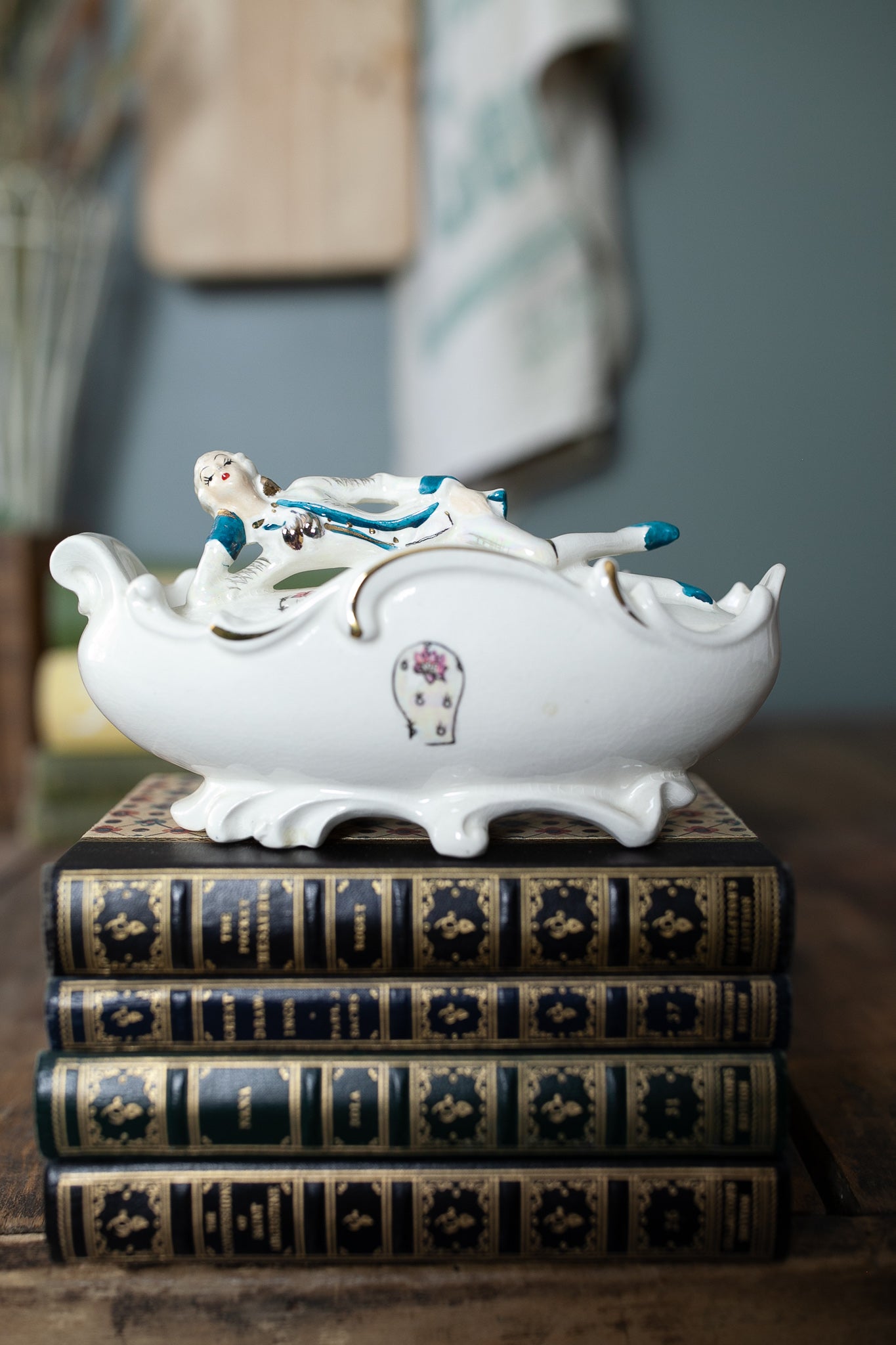 Vintage Candy Dish- Porcelain Dish- Lounging man