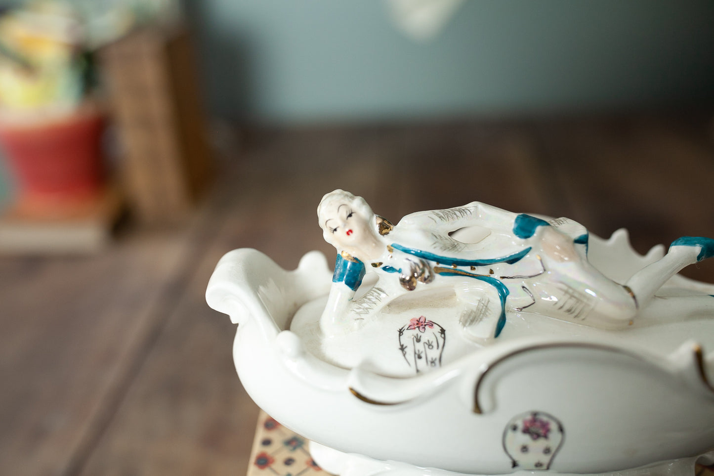 Vintage Candy Dish- Porcelain Dish- Lounging man