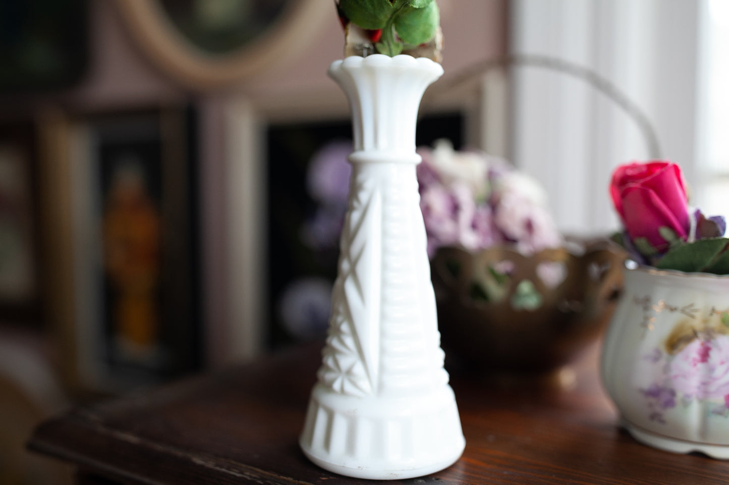 Vintage Rose and Milk Glass Vase