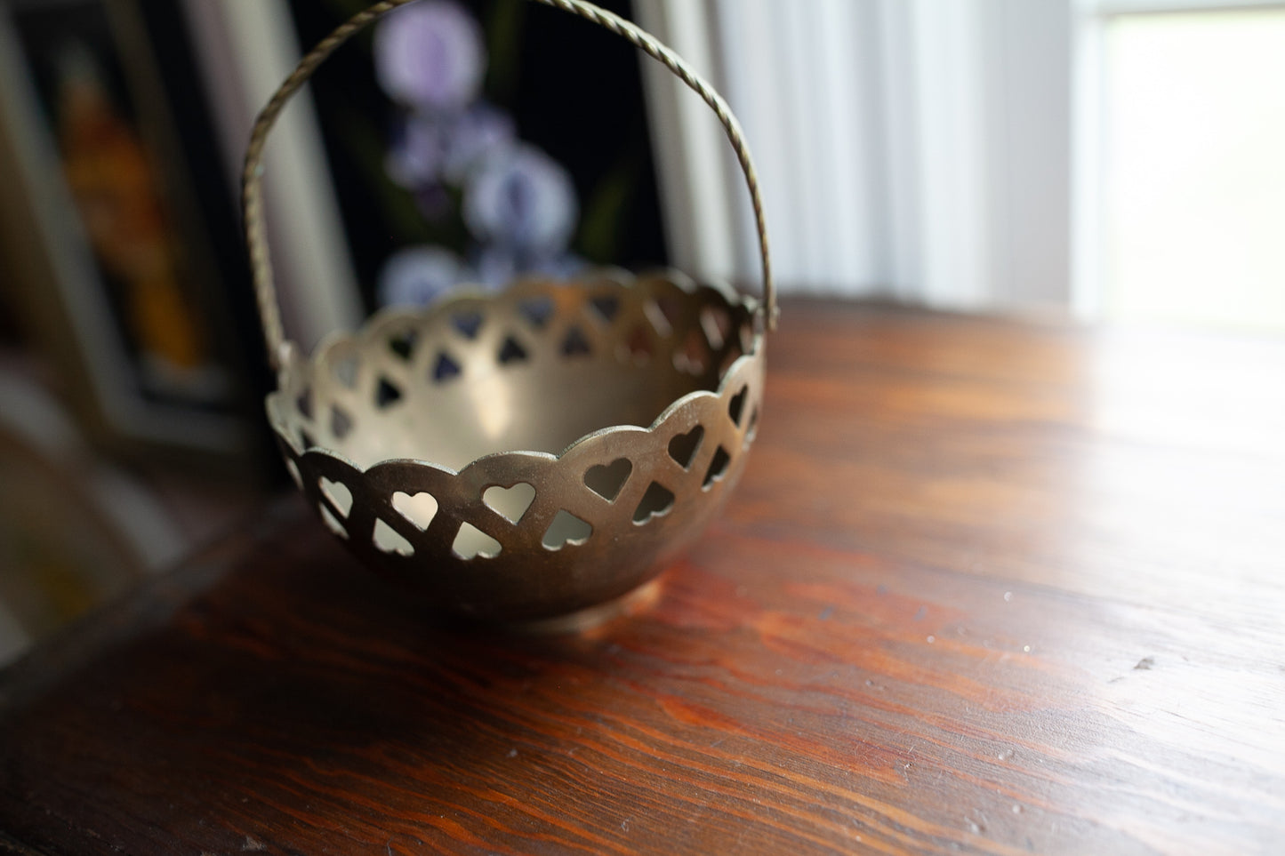 Heart Brass Basket- Purple flowers