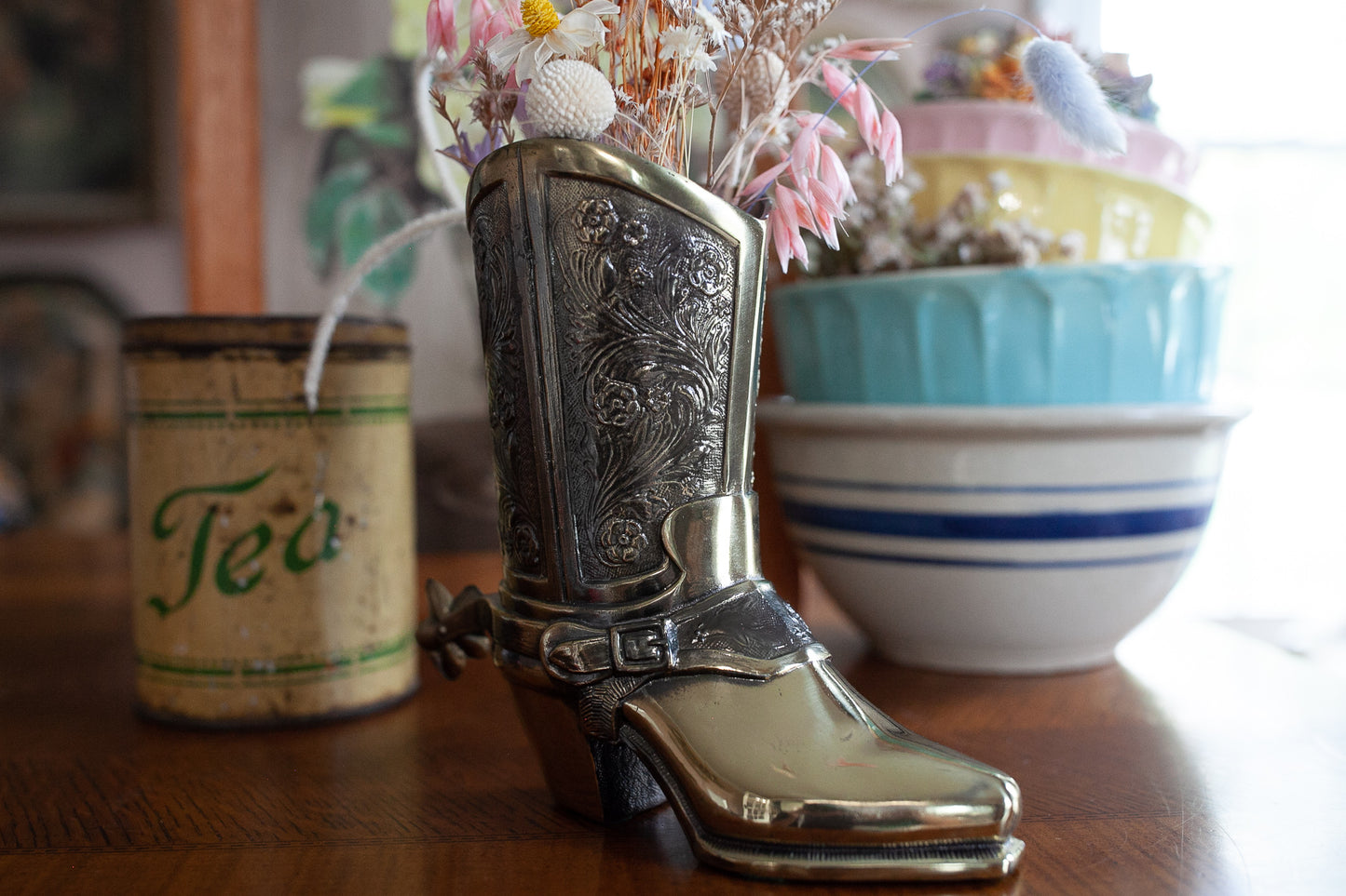 Vintage Brass Boot - Cowboy Boot- Large Boot - Vase - Western Boot