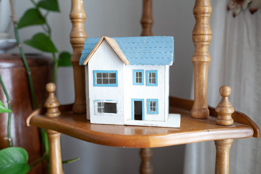 Vintage House - Wooden handmade House -White and Blue House