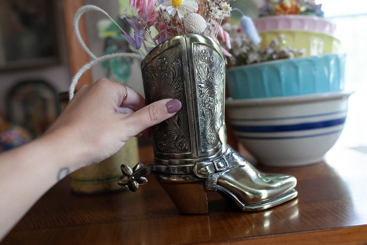 Vintage Brass Boot - Cowboy Boot- Large Boot - Vase - Western Boot