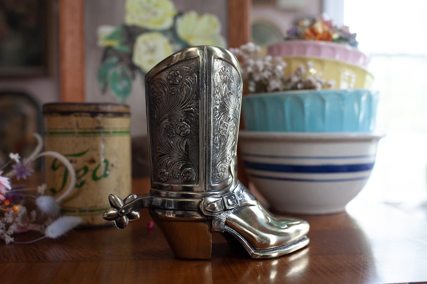 Vintage Brass Boot - Cowboy Boot- Large Boot - Vase - Western Boot