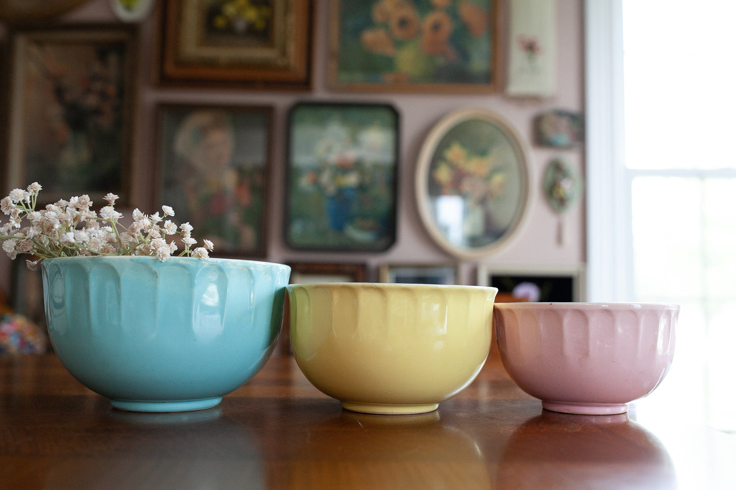 McCoy Bowls- Nesting Bowls- Kitchen Nesting Mixing Bowls - McCoy Pottery - Pastel Blue, yellow, and Pink - Vintage 1940 to 1960 -Vertical Ribbed Column