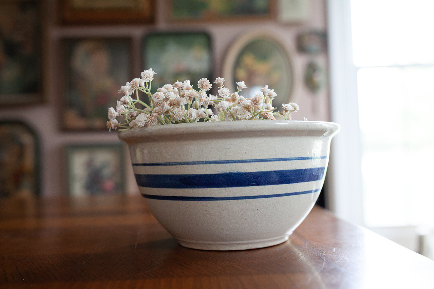 Vintage Bowl- crock mixing bowl blue ring