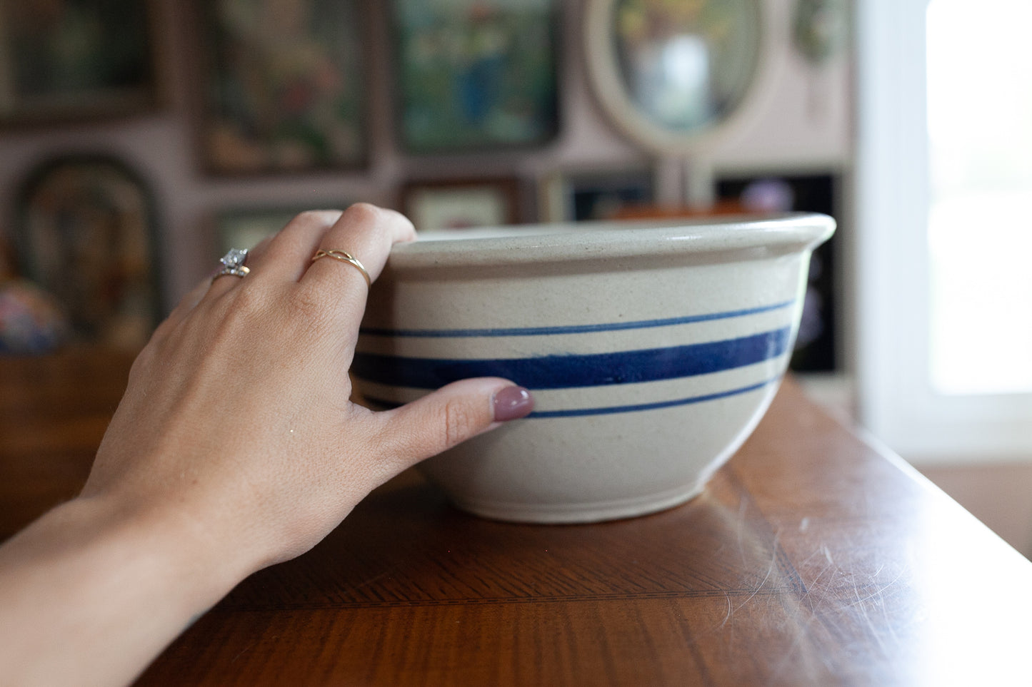 Vintage Bowl- crock mixing bowl blue ring