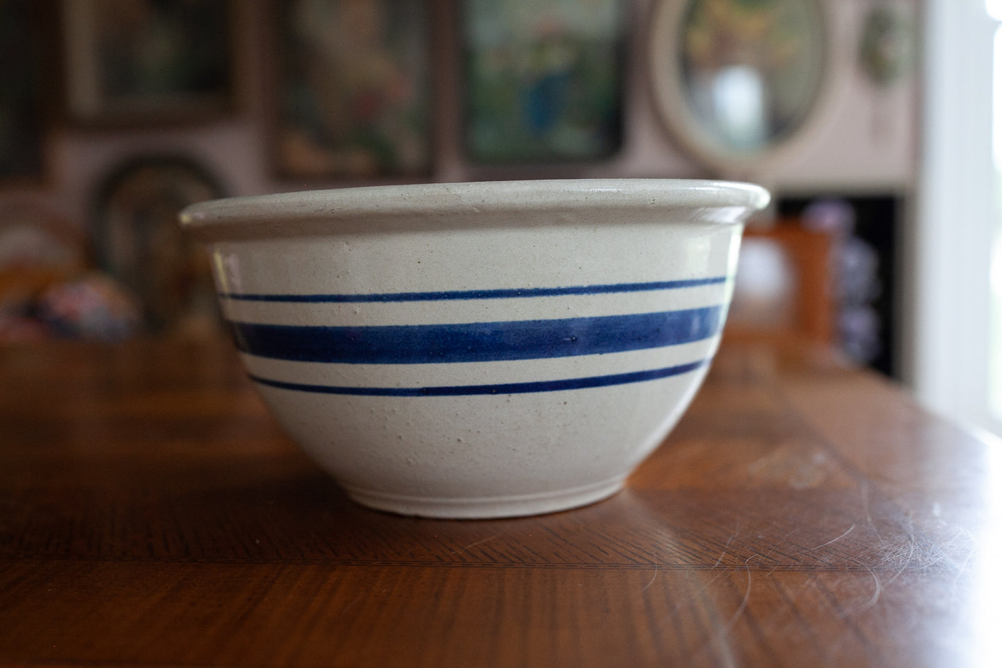 Vintage Bowl- crock mixing bowl blue ring