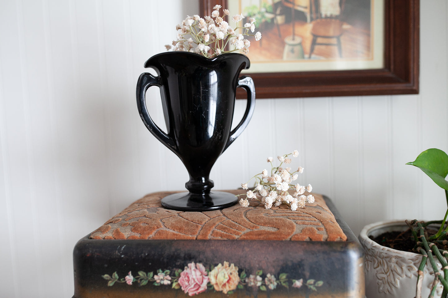 Vintage Black Vase- Black Glass