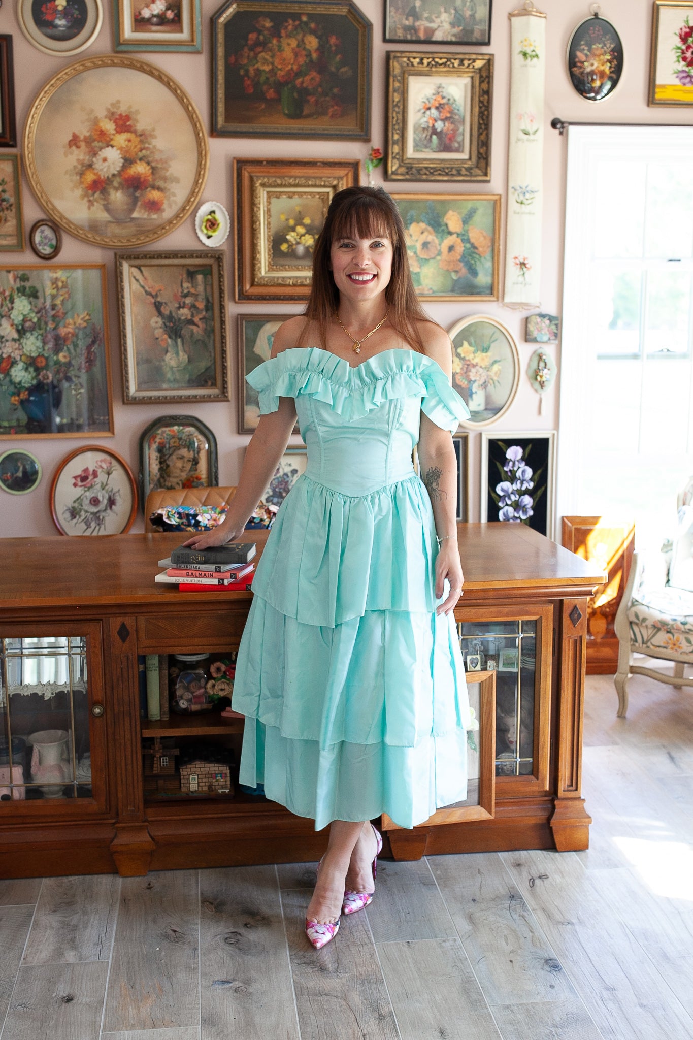 Vintage Dress- Vintage Prom Dress- 2/4 Minty Green Tiered off the shoulder dress