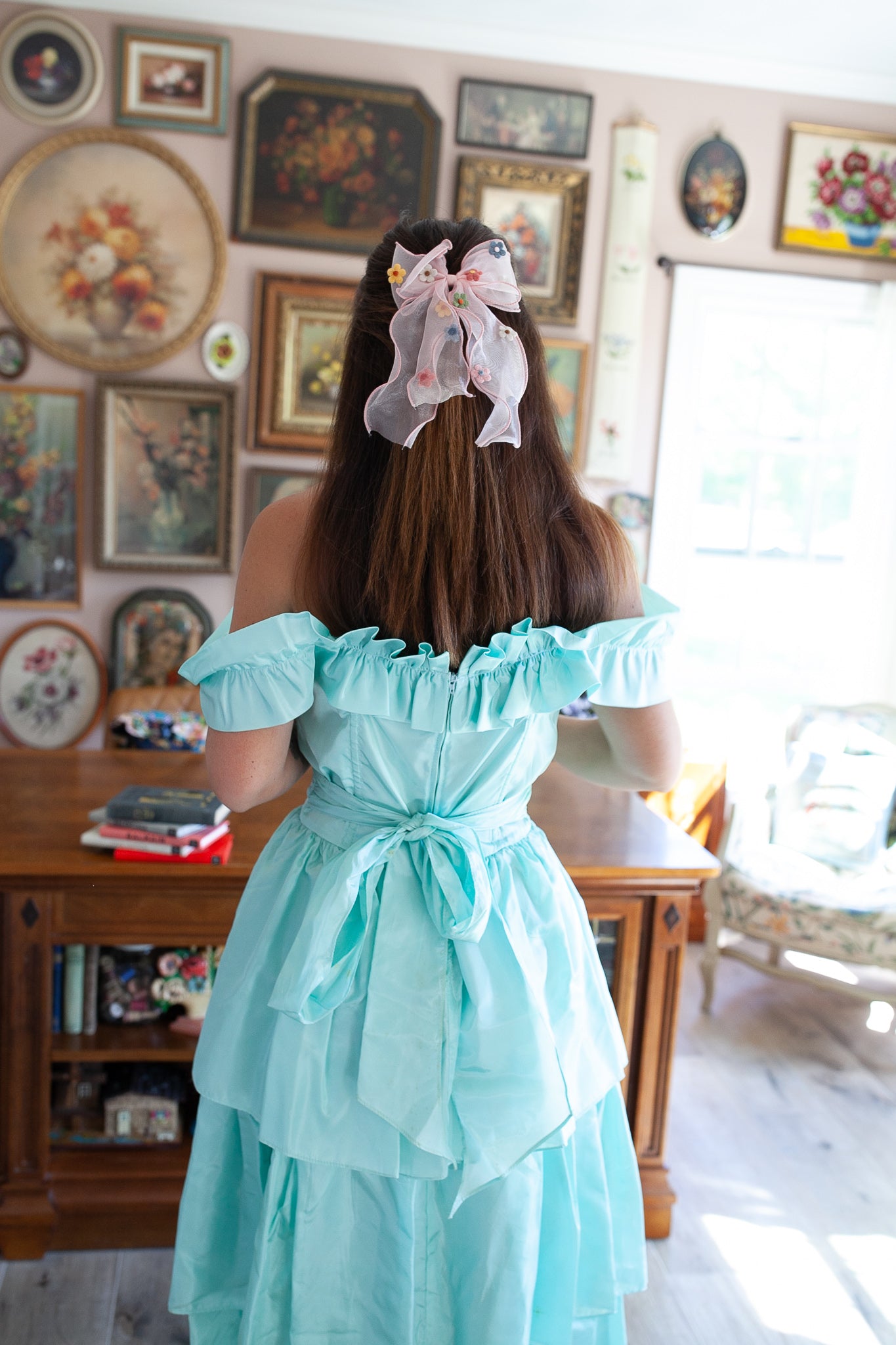 Vintage Dress- Vintage Prom Dress- 2/4 Minty Green Tiered off the shoulder dress