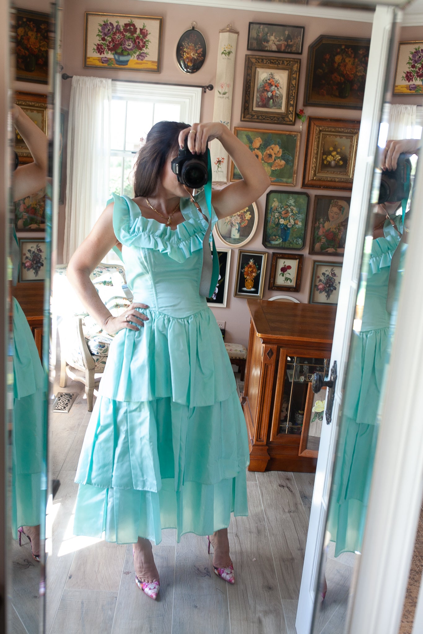 Vintage Dress- Vintage Prom Dress- 2/4 Minty Green Tiered off the shoulder dress