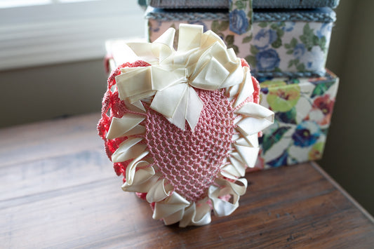 Vintage Heart Pincushion -Crocheted Heart and Satin Heart - Pink Heart