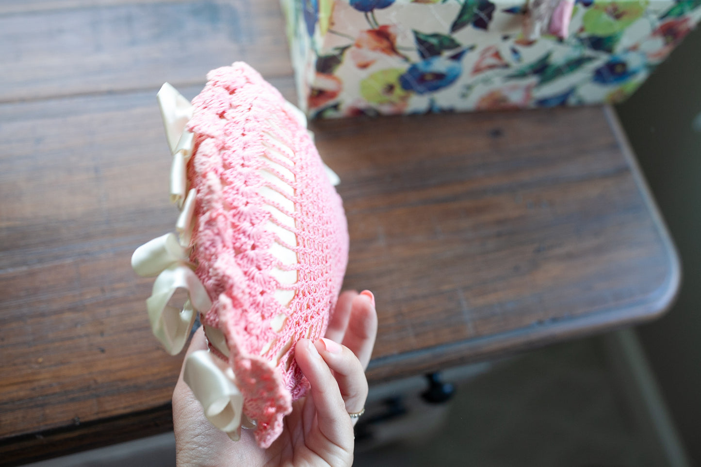 Vintage Heart Pincushion -Crocheted Heart and Satin Heart - Pink Heart