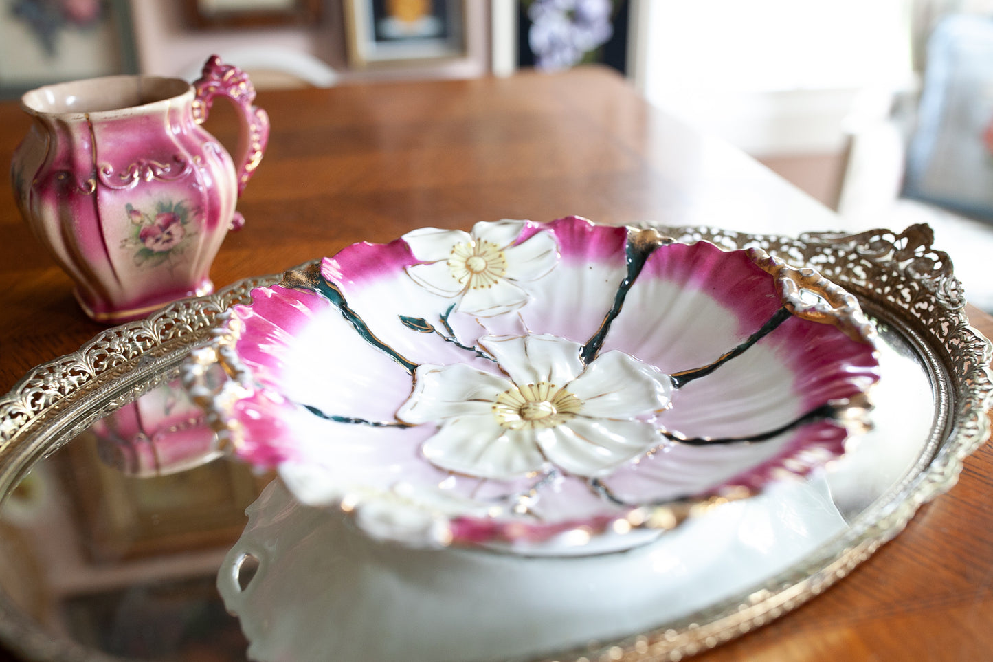 Vintage Bowl- Floral display Bowl- Trinket Dish- Pink and Gold