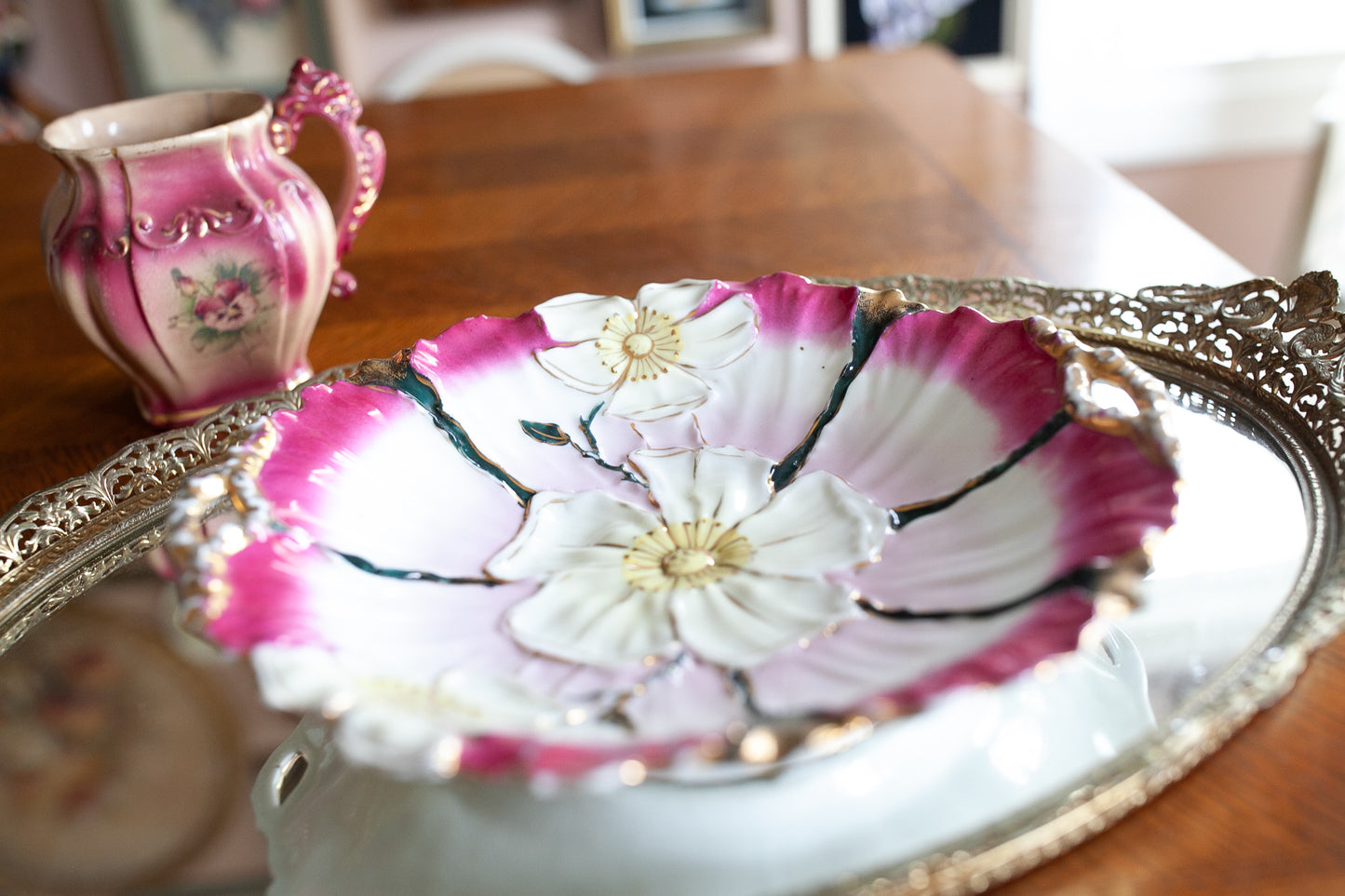 Vintage Bowl- Floral display Bowl- Trinket Dish- Pink and Gold