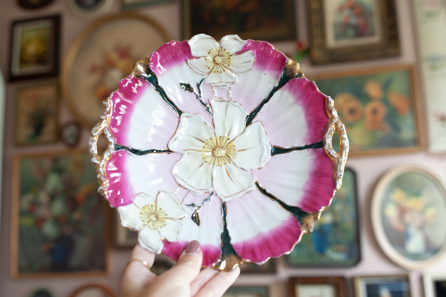 Vintage Bowl- Floral display Bowl- Trinket Dish- Pink and Gold