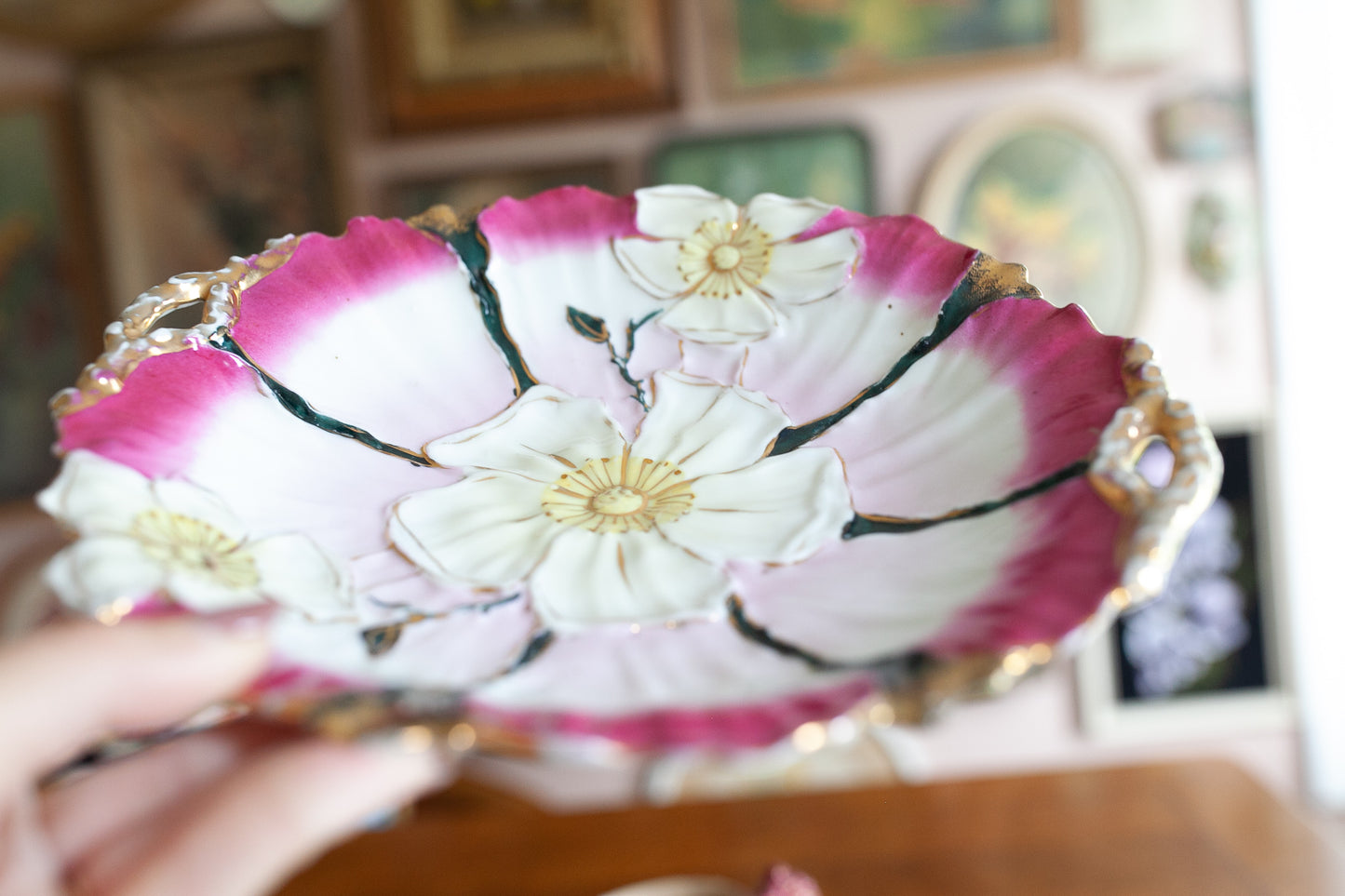 Vintage Bowl- Floral display Bowl- Trinket Dish- Pink and Gold