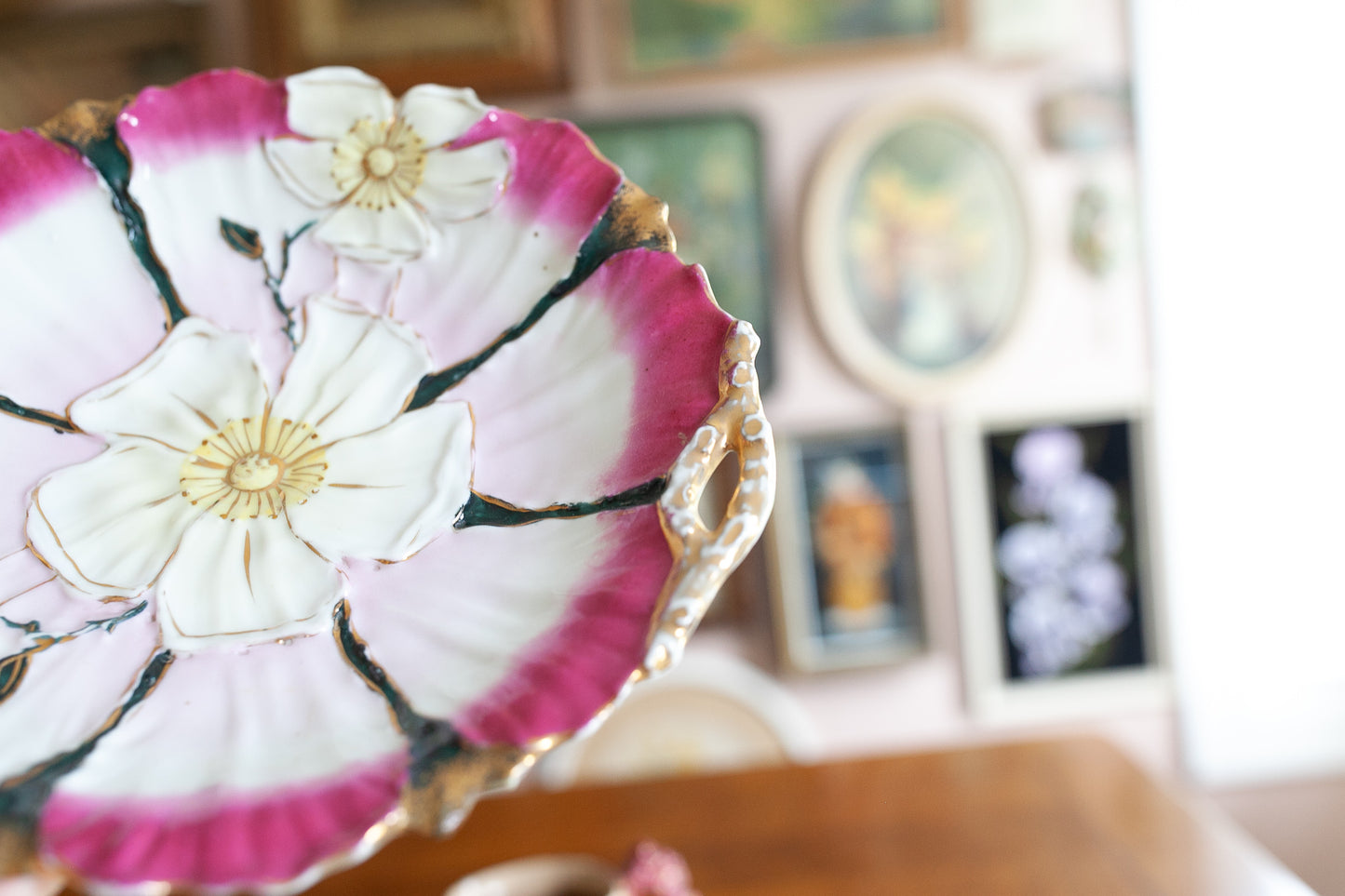 Vintage Bowl- Floral display Bowl- Trinket Dish- Pink and Gold