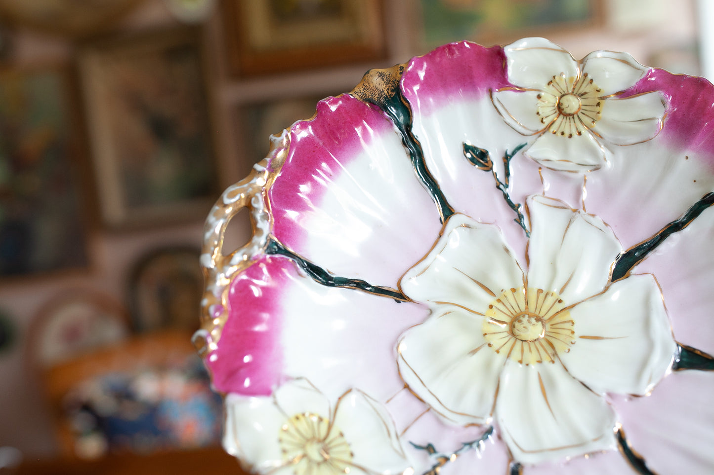 Vintage Bowl- Floral display Bowl- Trinket Dish- Pink and Gold