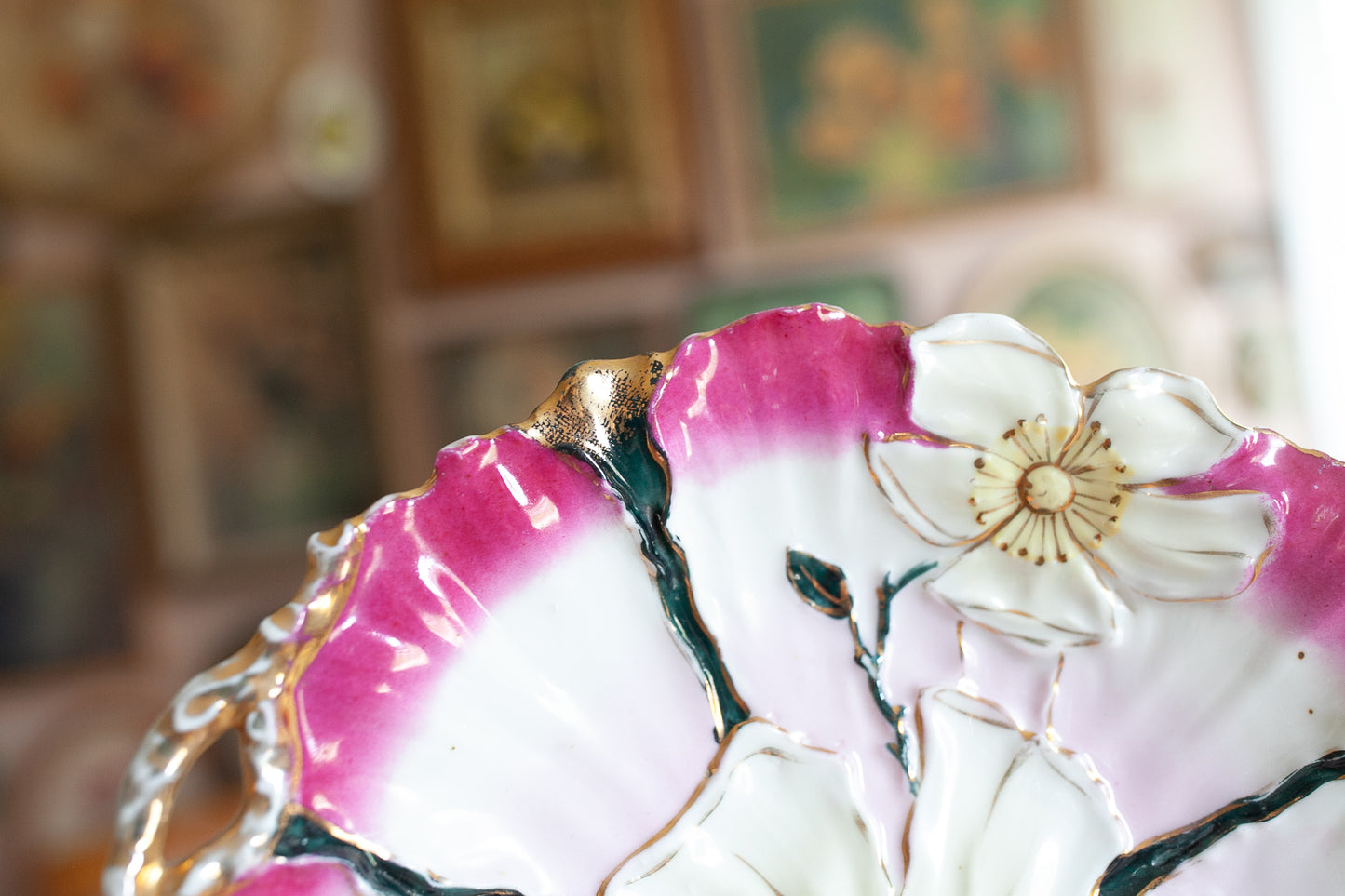 Vintage Bowl- Floral display Bowl- Trinket Dish- Pink and Gold