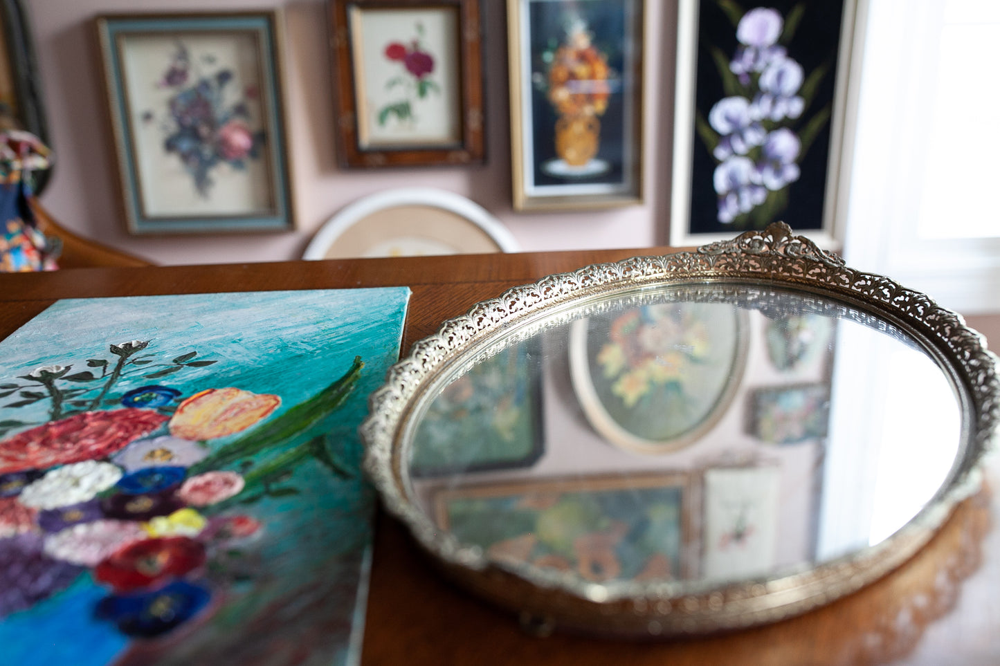 Vintage Mirror- Brass Filigree Mirror- Tray - Vanity Tray