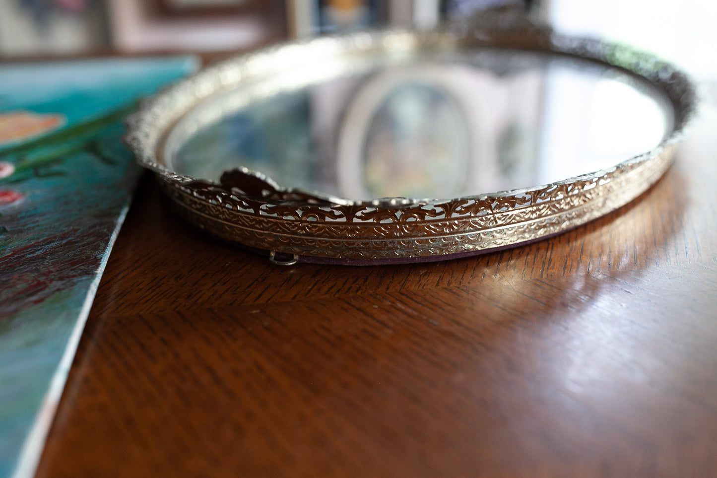 Vintage Mirror- Brass Filigree Mirror- Tray - Vanity Tray