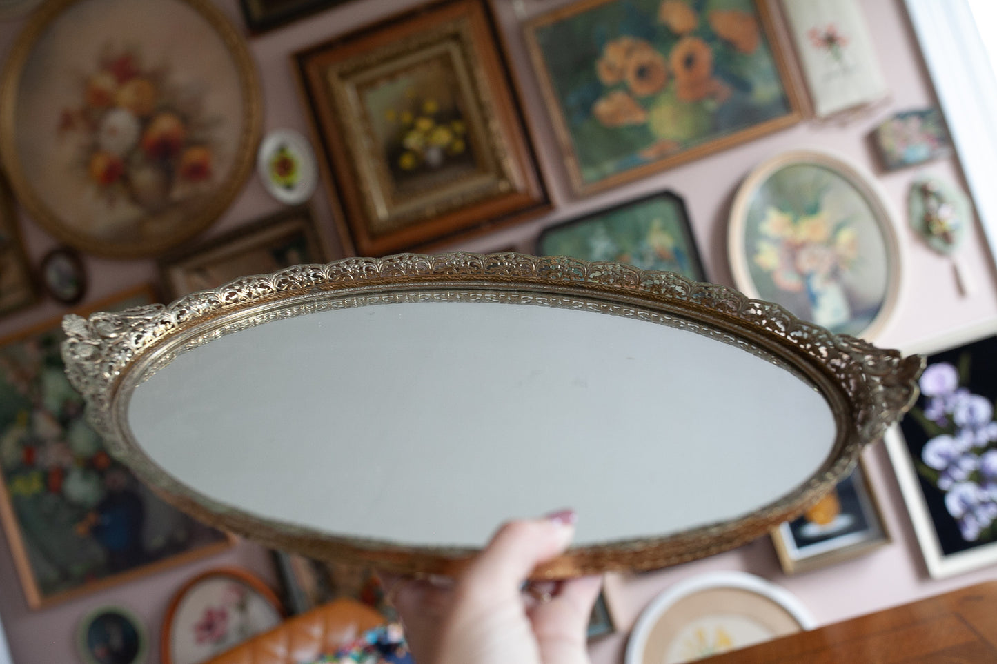 Vintage Mirror- Brass Filigree Mirror- Tray - Vanity Tray