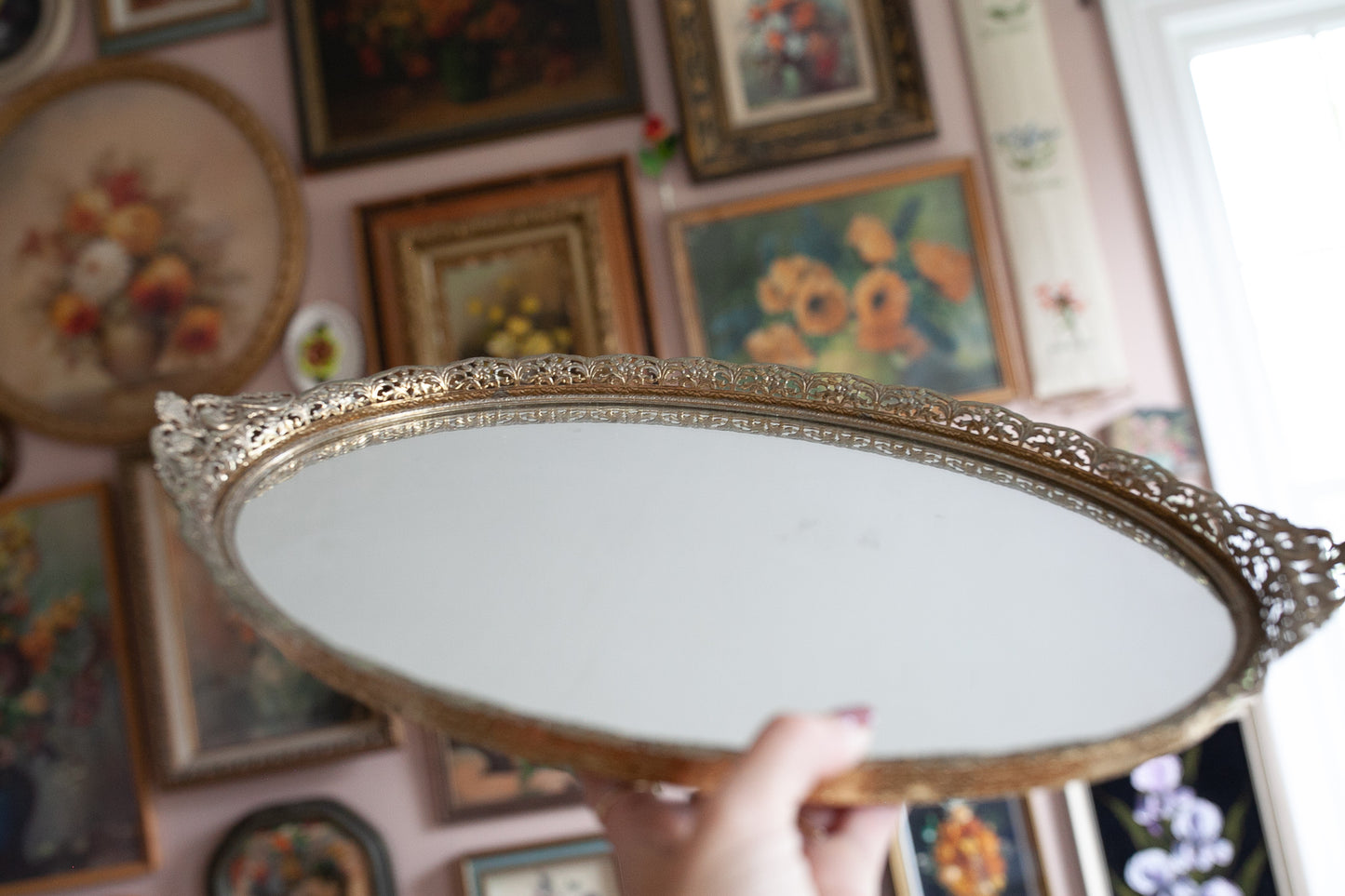 Vintage Mirror- Brass Filigree Mirror- Tray - Vanity Tray