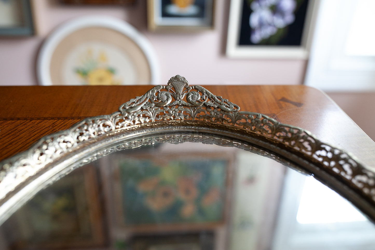 Vintage Mirror- Brass Filigree Mirror- Tray - Vanity Tray