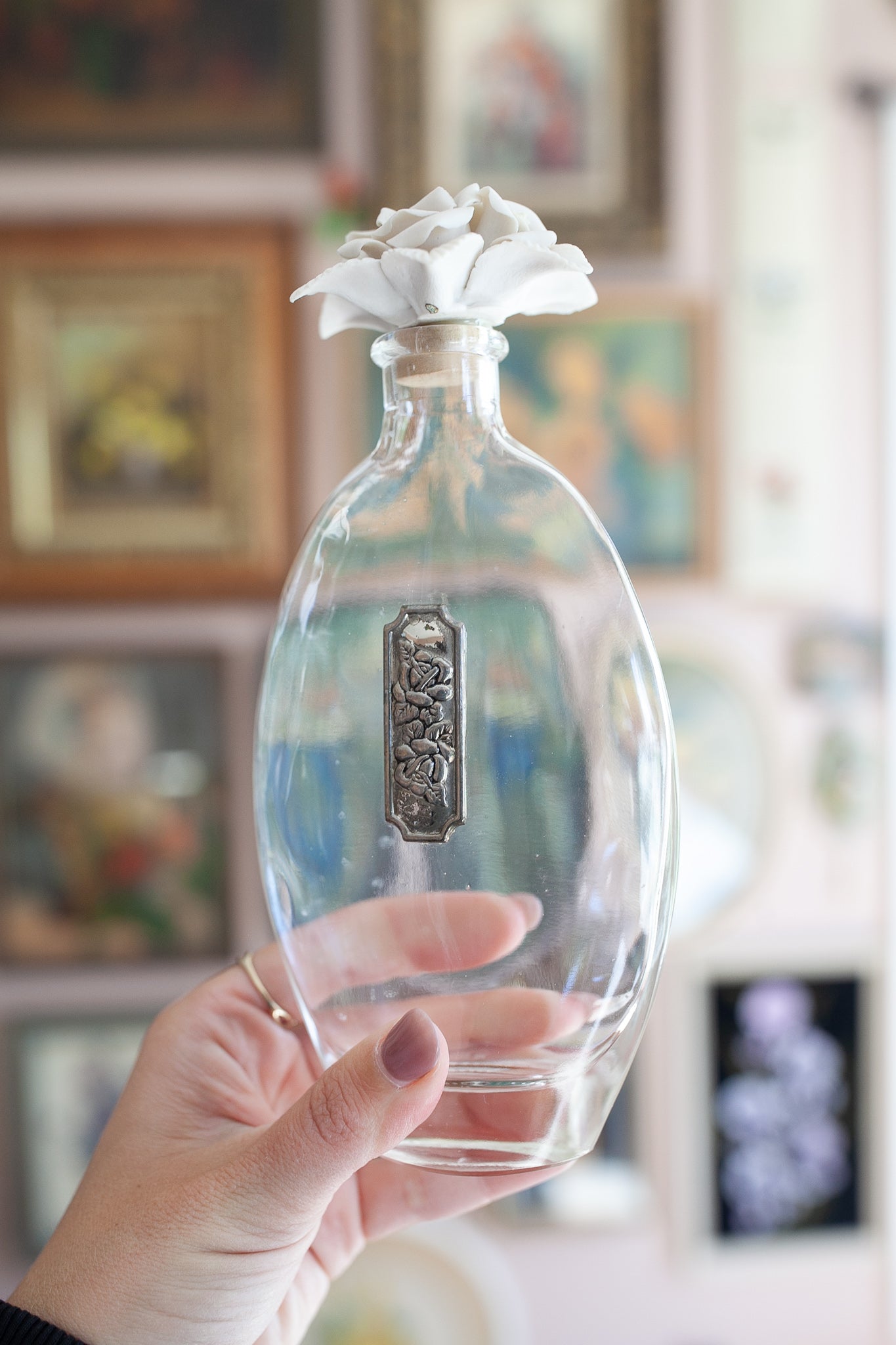 Vintage Perfume Bottle- Cellini Italy Perfume Bottle with porcelain flower topper