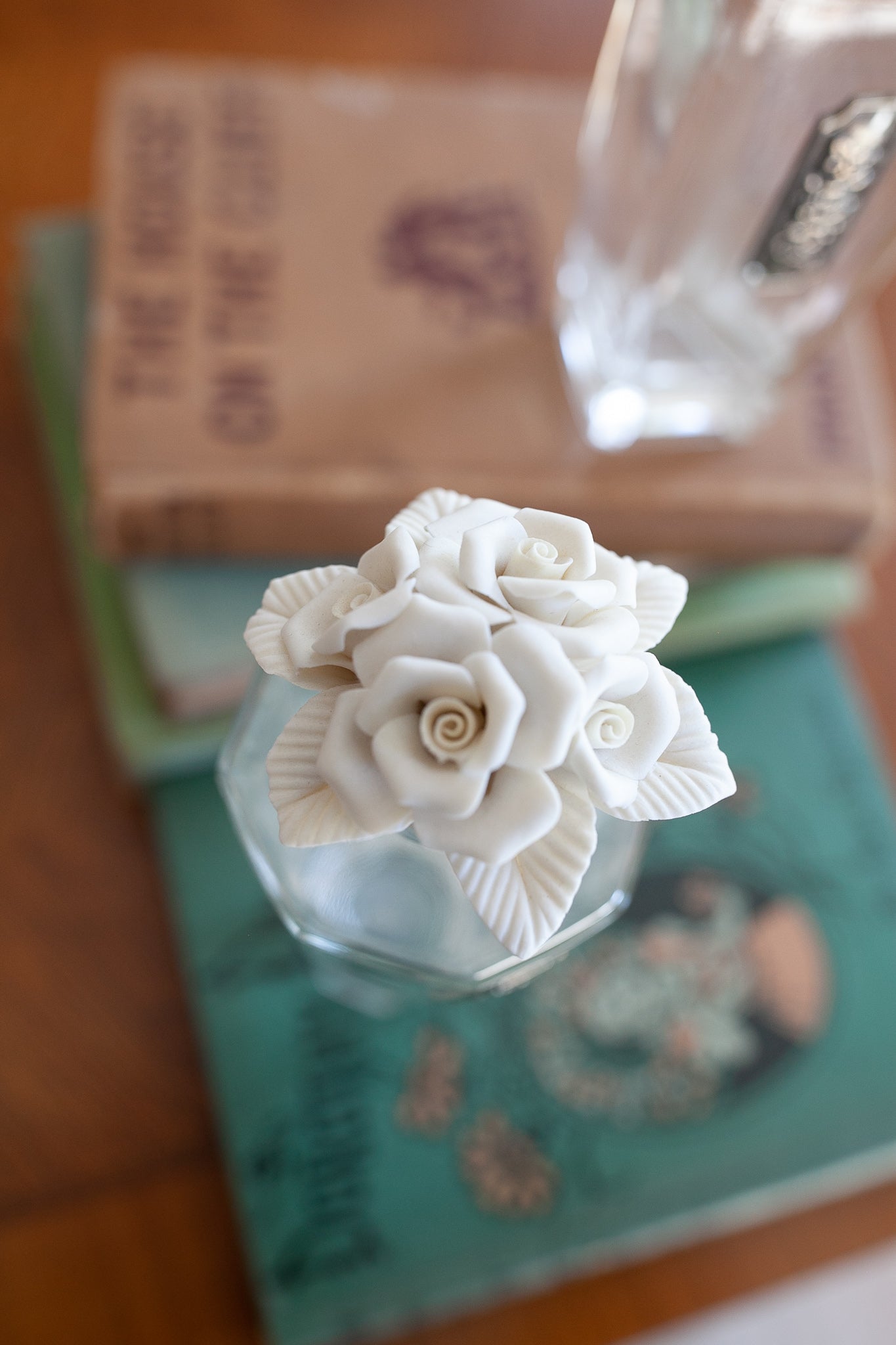 Vintage Perfume Bottle- Cellini Italy Perfume Bottle with porcelain flower topper- Octagon shape