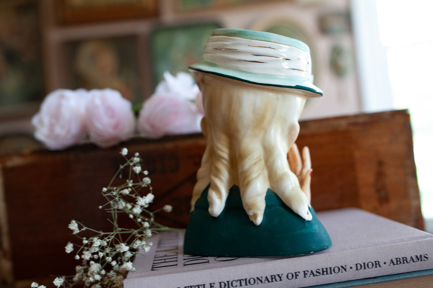 Vintage Head Vase - Lady Head Vase Blonde Curls- Blue Hat