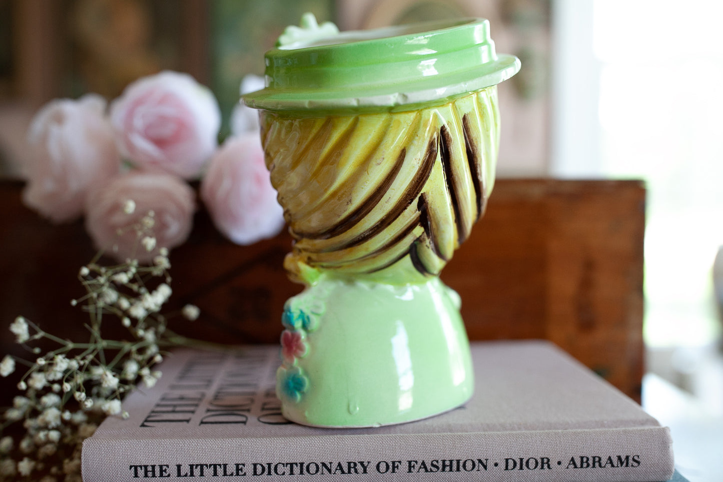Vintage Lady Head Vase - Green -Florals