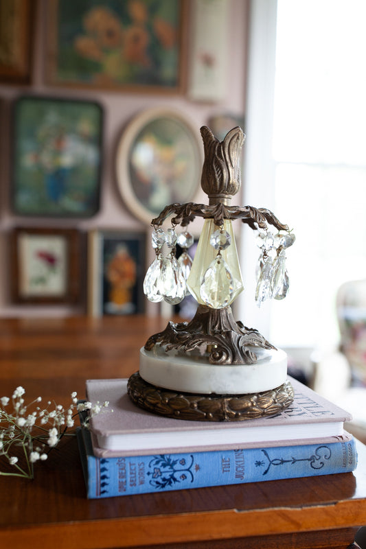 Vintage Candleholder - Deco Candle Holder with Prisms - Brass and Marble Candle Holder