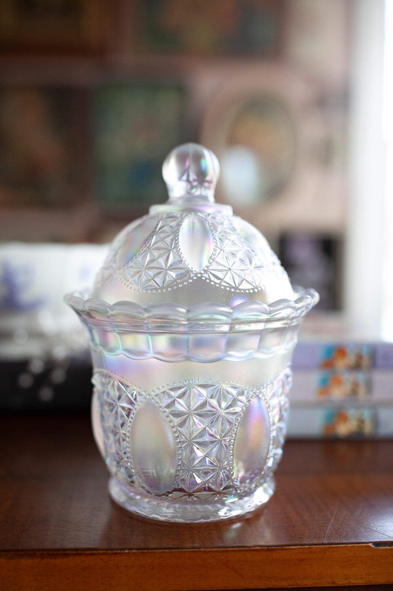 Vintage Imperial Glass Candy dish Bowl with lid- Lidded Jar- Opalescent - Irridescent glass
