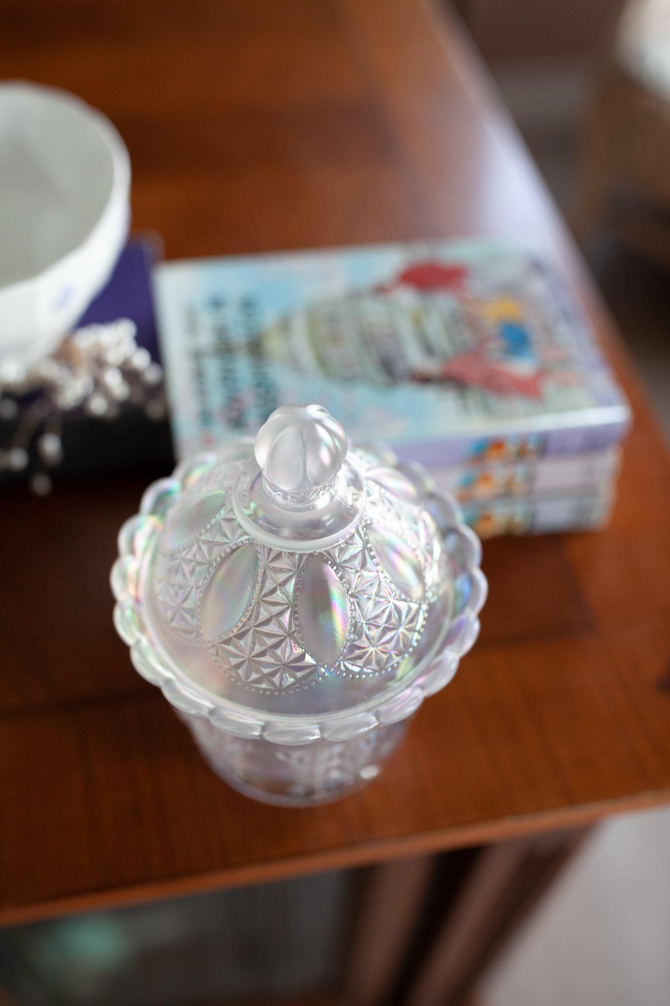 Vintage Imperial Glass Candy dish Bowl with lid- Lidded Jar- Opalescent - Irridescent glass