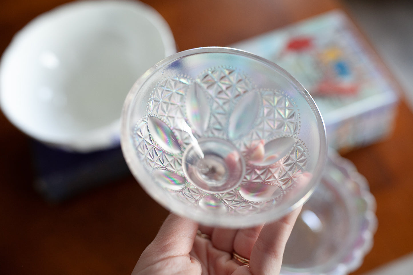 Vintage Imperial Glass Candy dish Bowl with lid- Lidded Jar- Opalescent - Irridescent glass