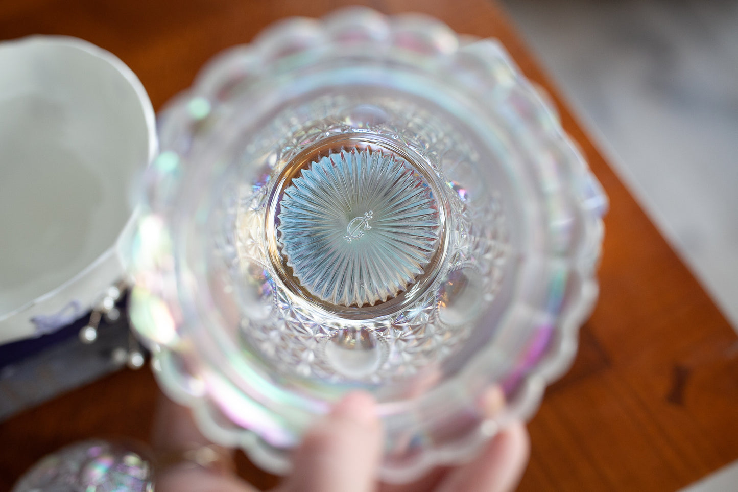 Vintage Imperial Glass Candy dish Bowl with lid- Lidded Jar- Opalescent - Irridescent glass