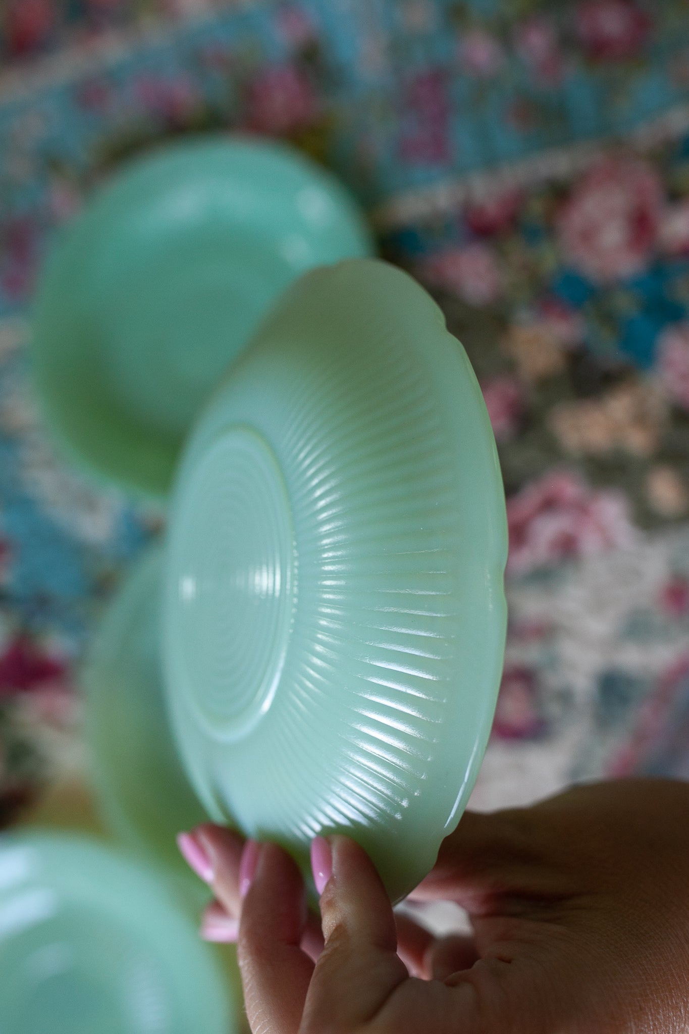 Vintage Jadeite Saucers -Alice Floral Pattern Mid century scalloped edge 6" saucers