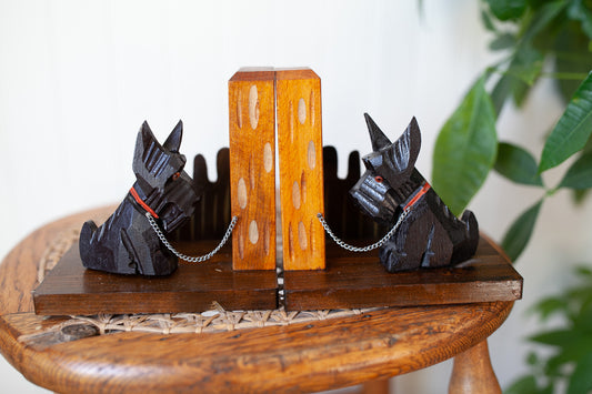 Vintage Scottie Bookends- Dog Bookends- Vintage Hand Carved Wooden Scottie Bookends Chained Hand Painted
