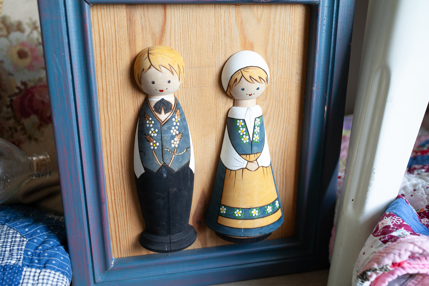 Vintage Framed Art - Pilgrim Artwork -Wooden- Swedish Wooden Figures