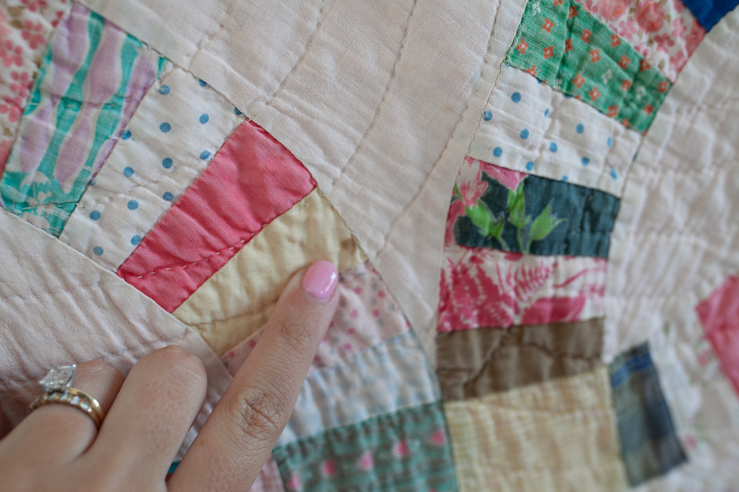 Pink Double Wedding Ring Vintage Quilt