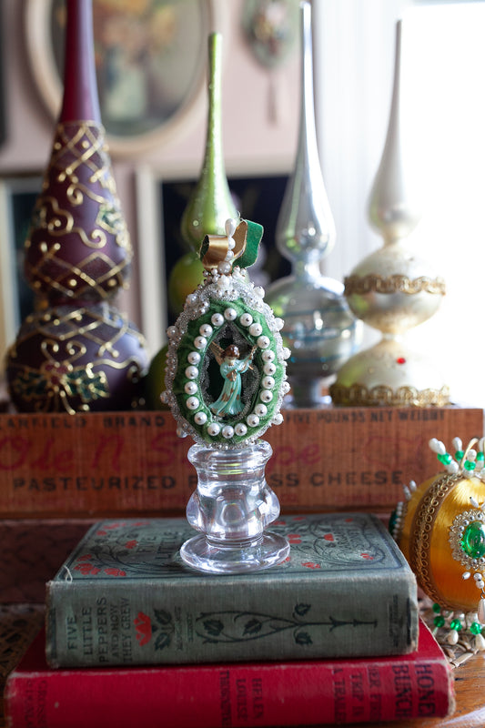 Vintage Jeweled Push Pin Angel Egg with Angel Pearls Sequins- Vintage Ornament- Diorama Egg -Green