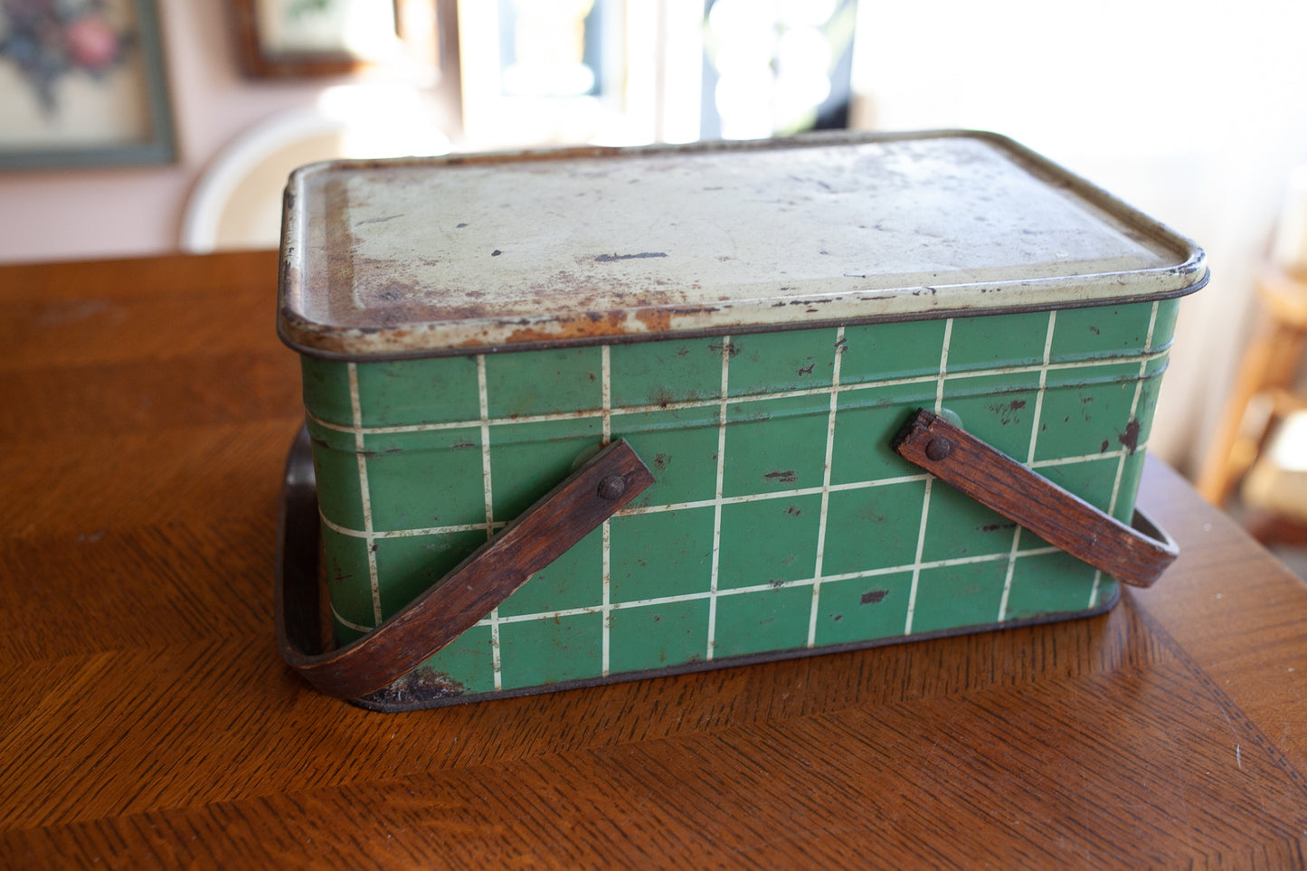 Vintage Picnic Tin- Green and White Plaid