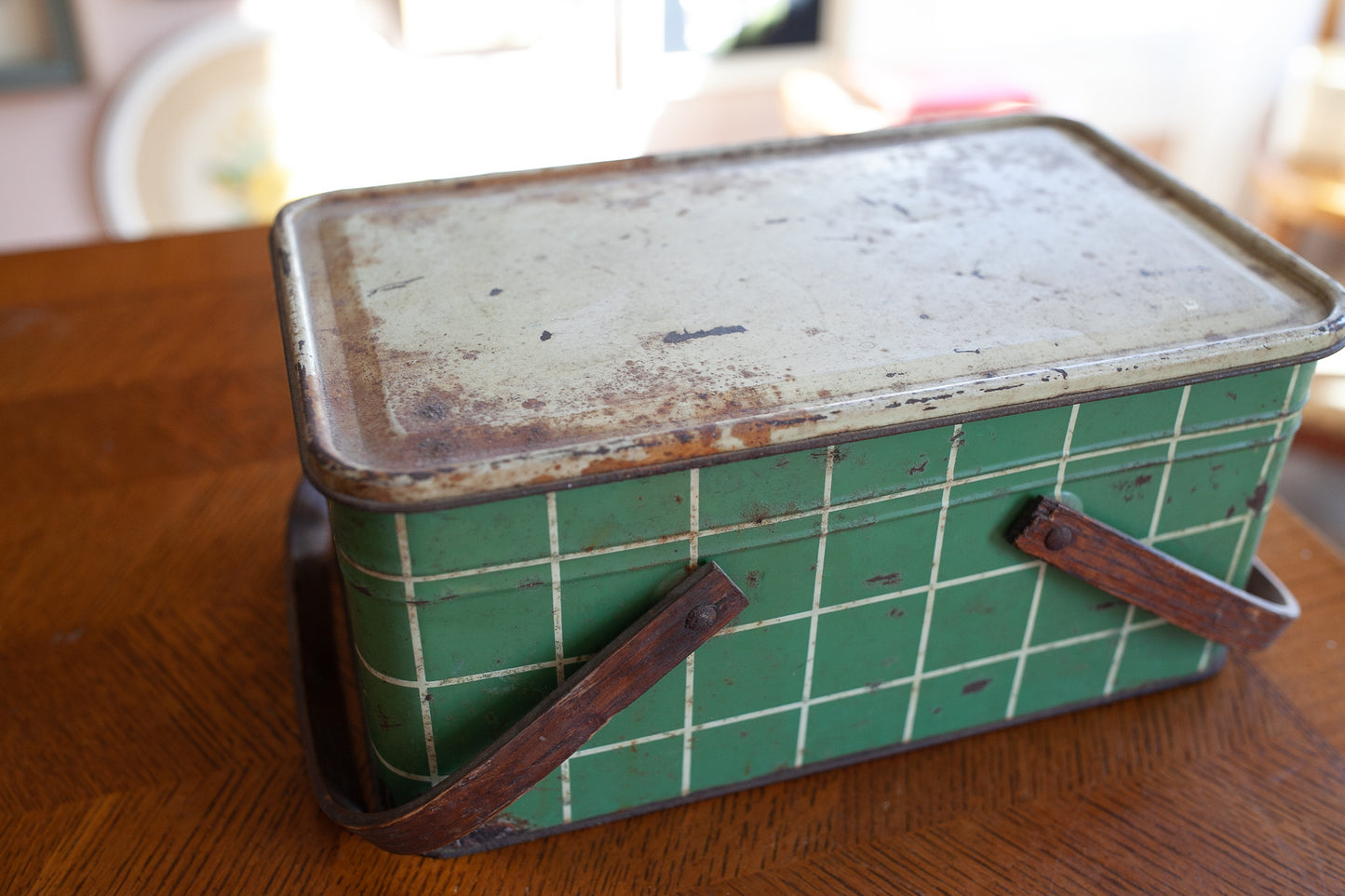 Vintage Picnic Tin- Green and White Plaid