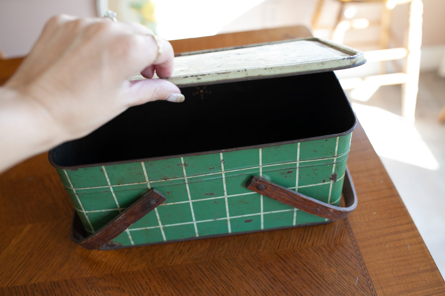 Vintage Picnic Tin- Green and White Plaid